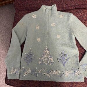 Talbots Light Blue, w/ Slight Teal Shading, Sweater w/ Trees & Snowflake Design